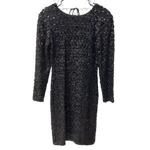 Vintage LoriAnn Sexy Black Sequinned Long Sleeve‎ Plunge Back Mini Evening Dress
